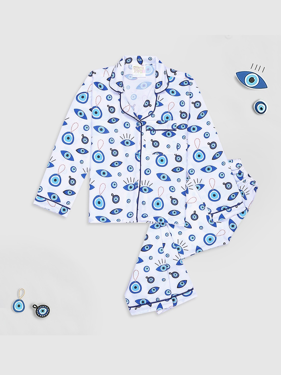 

Pyjama Party Kids Conversational Printed Cuban Collar Night suit, White