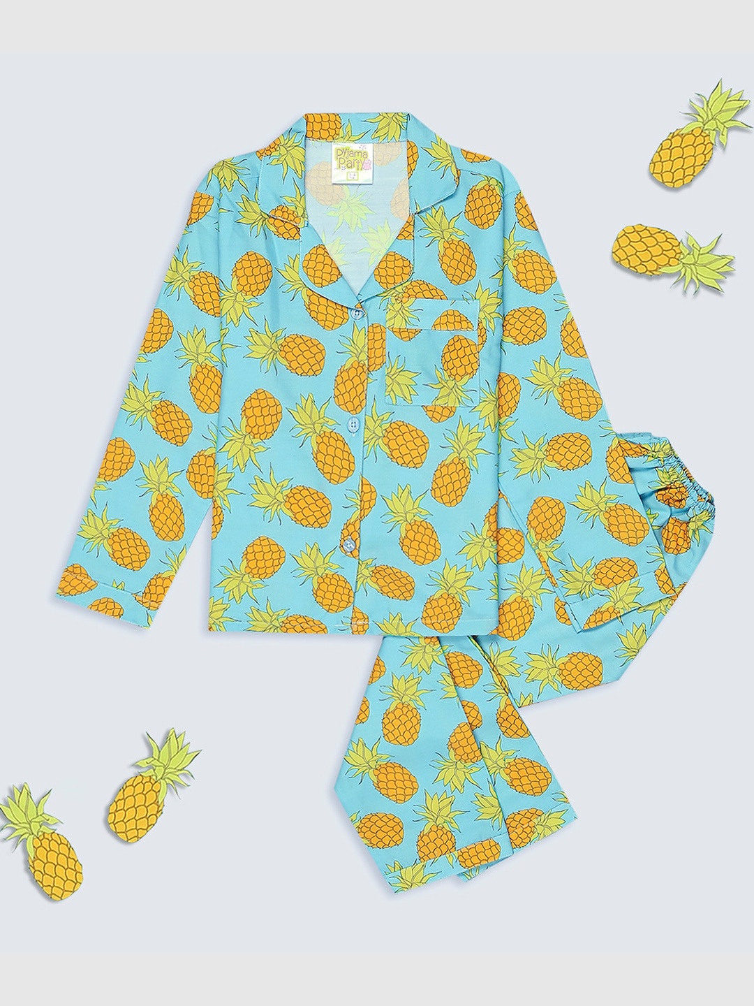 

Pyjama Party Kids Conversational Printed Cuban Collar Night suit, Blue