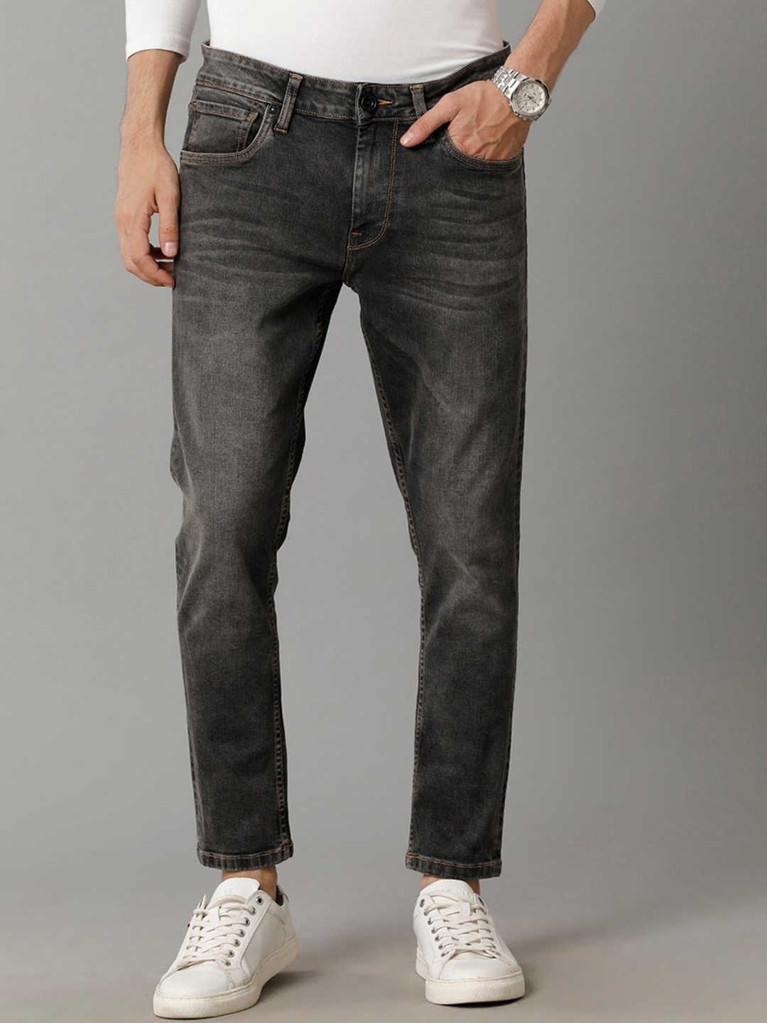 

Voi Jeans Men Mid-Raise Clean Look Skinny Fit Light Fade Stretchable Jeans, Grey