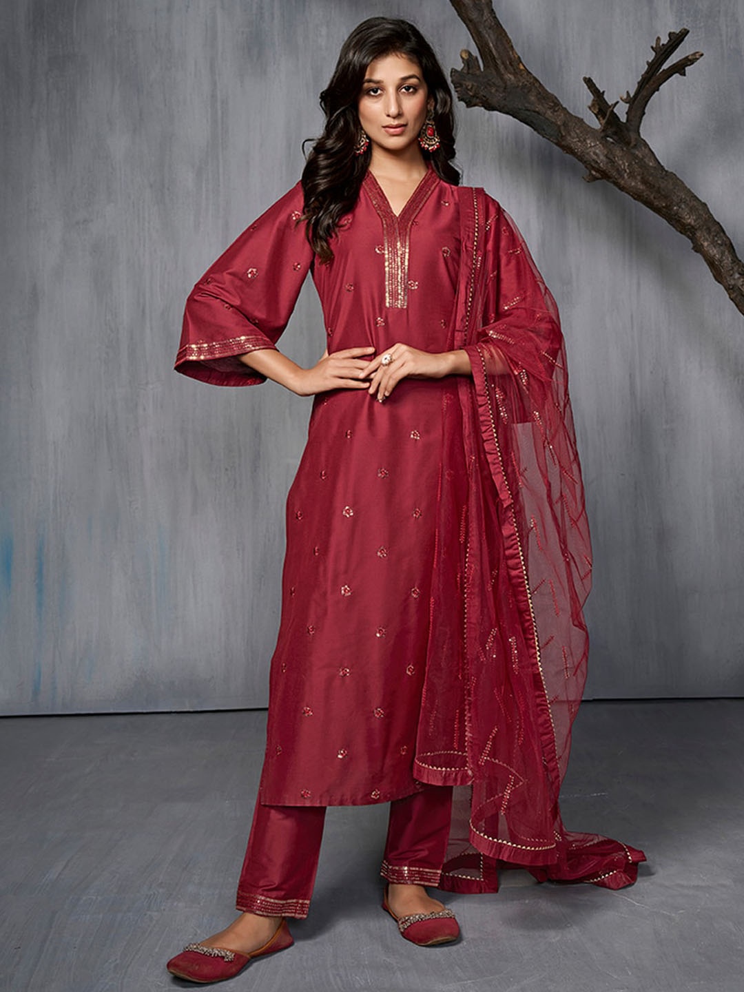 Inddus Floral Embroidered Sequinned Pure Silk Kurta with Trousers & Dupatta, Maroon
