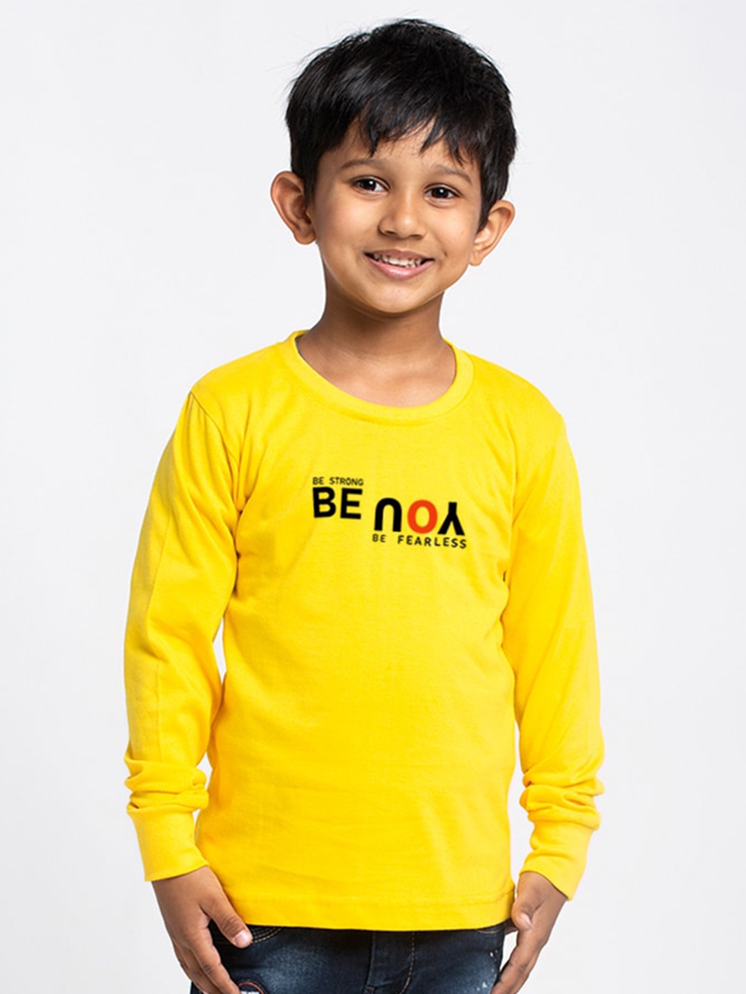 Friskers Boys Yellow Typography Printed Slim Fit T-shirt