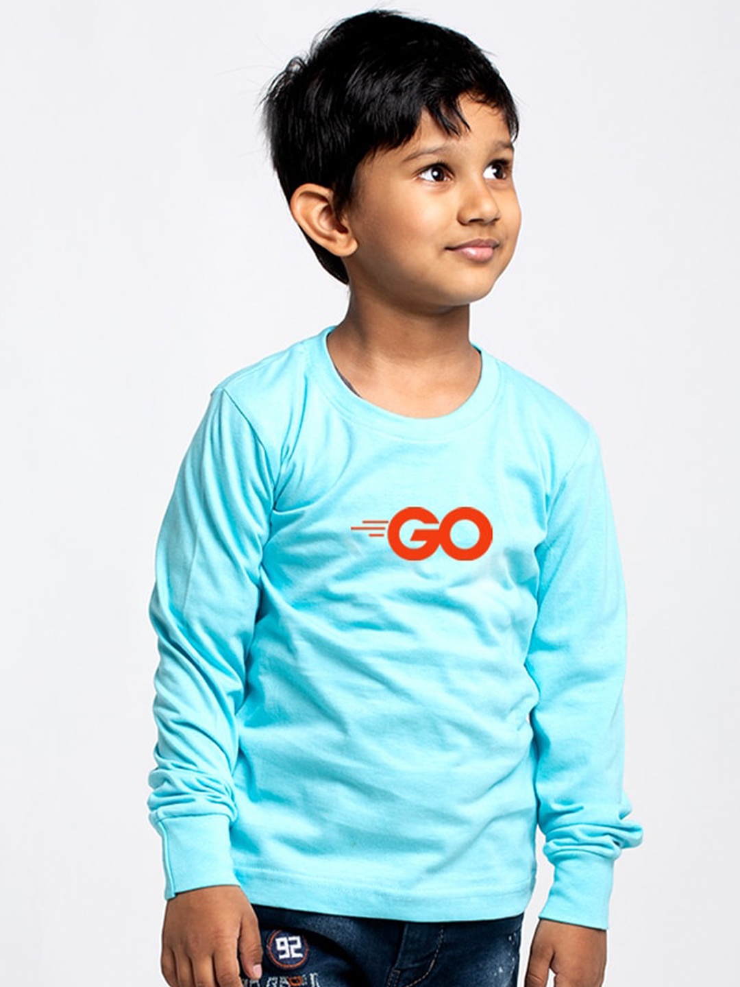 

Friskers Boys Turquoise Blue Typography Printed High Neck Applique Slim Fit T-shirt