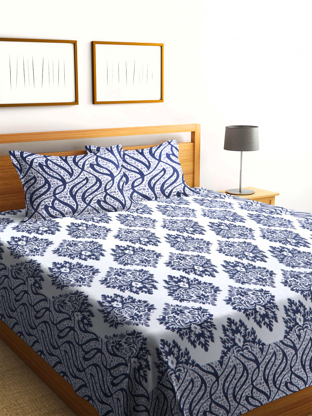 

ROMEE White & Navy Blue Chenille Woven Double Bed Cover with 2 Pillow Covers