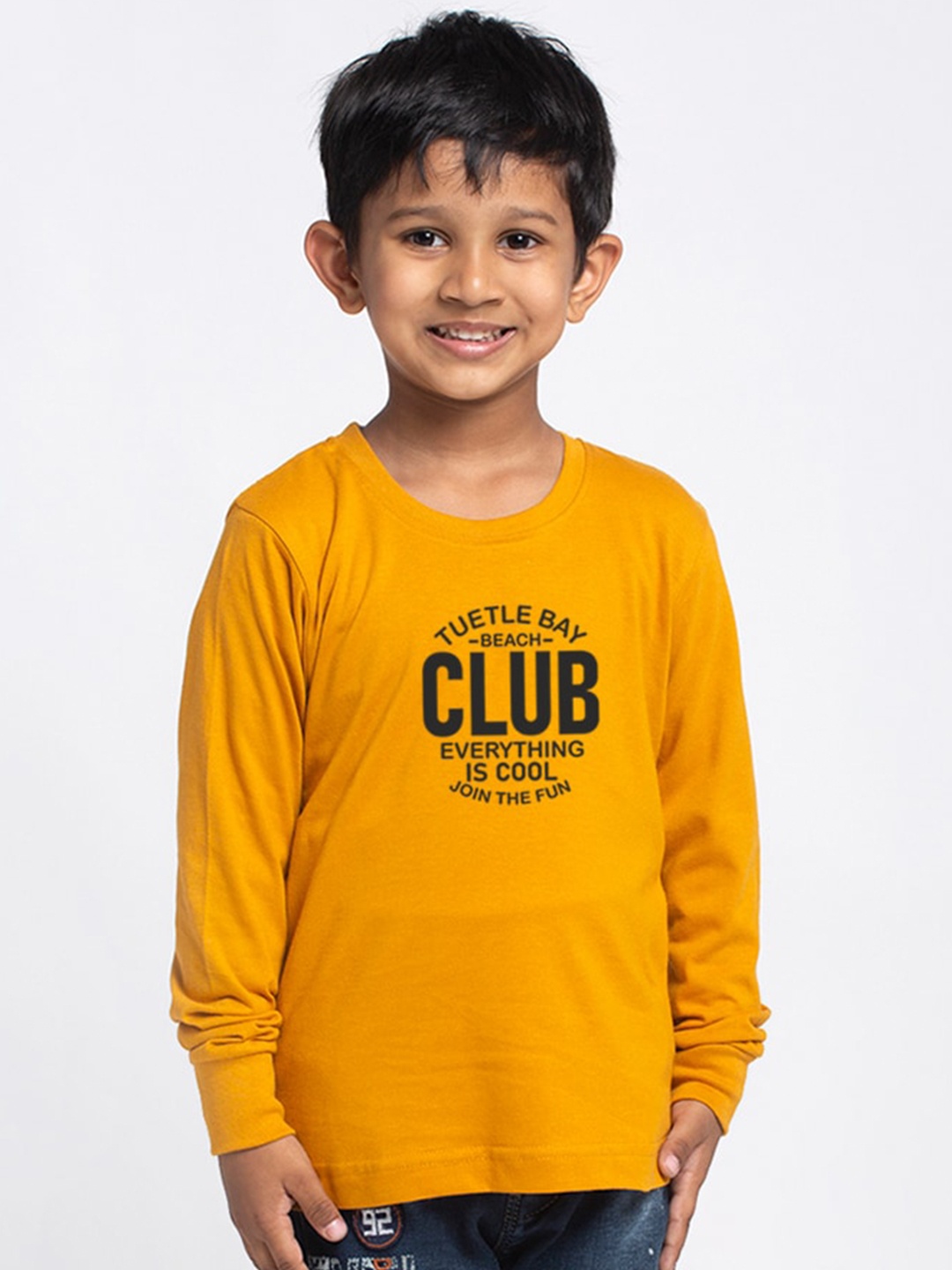 

Friskers Boys Gold-Toned Typography Printed High Neck Raw Edge Slim Fit T-shirt