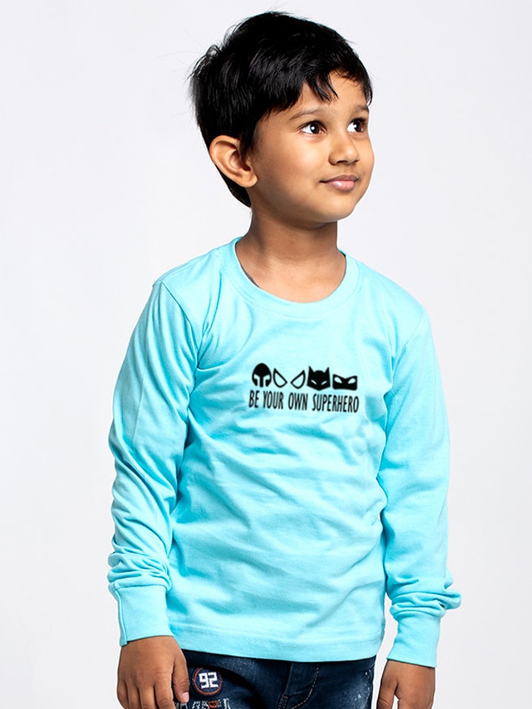 

Friskers Boys Turquoise Blue Typography Printed Applique Slim Fit T-shirt