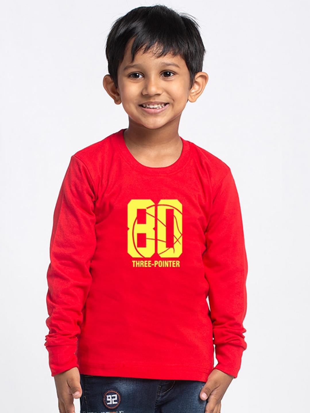 

Friskers Boys Red Typography Printed High Neck Applique Slim Fit T-shirt