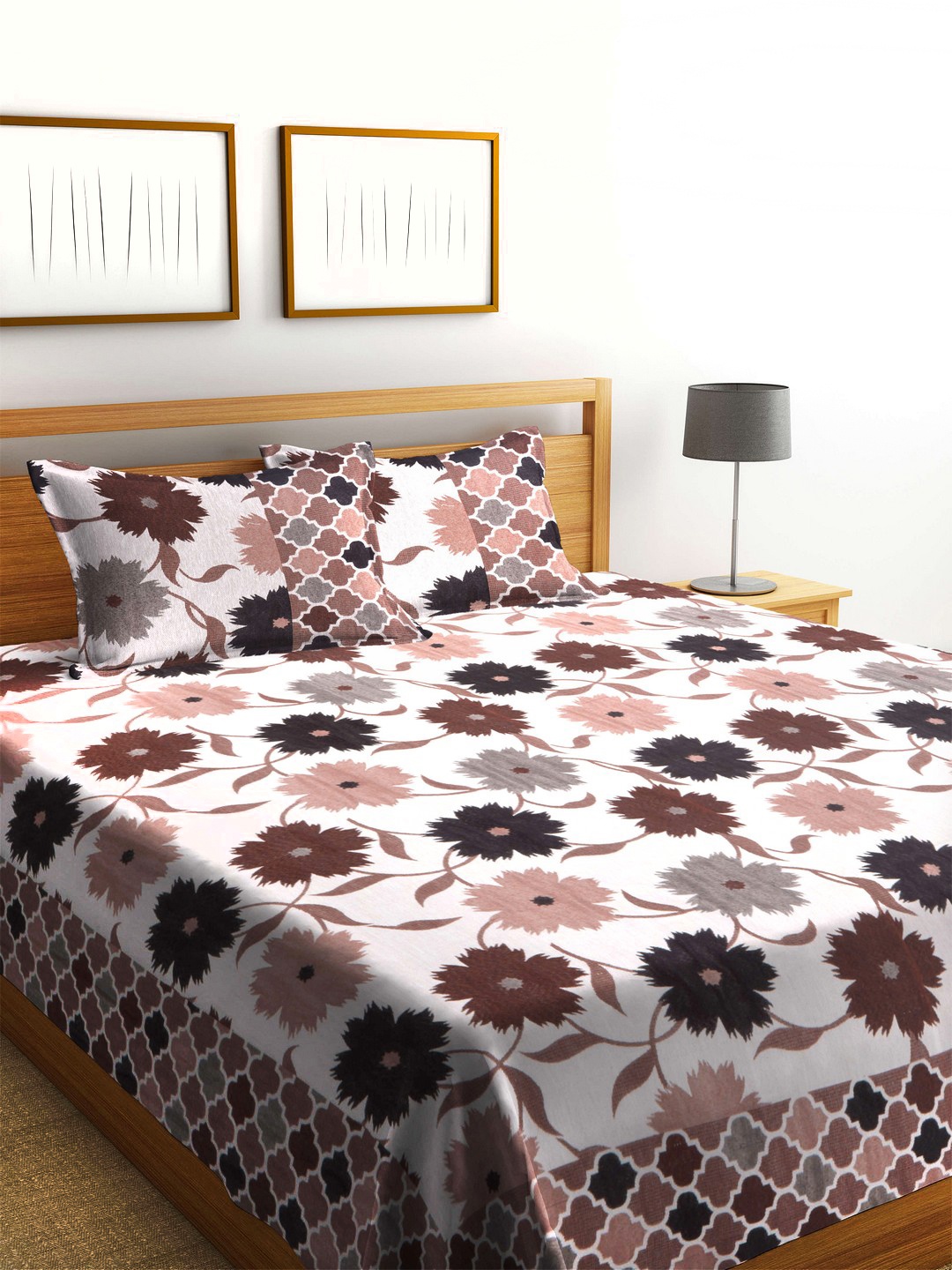 

ROMEE Cream-Coloured & Rust Woven Design Double Queen Bed Cover with 2 Pillow Covers