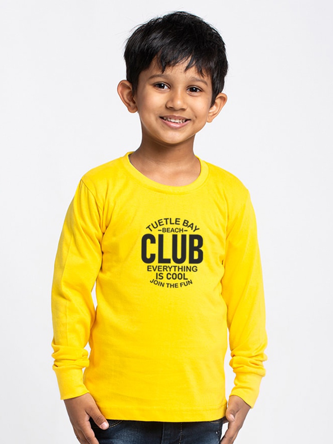 Friskers Boys Yellow Typography Printed Raw Edge Slim Fit T-shirt