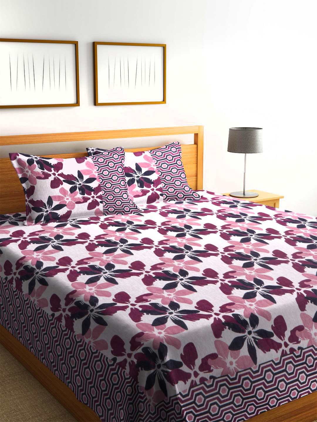 

ROMEE White & Pink Woven Polycotton Double Bed Cover with 2 Pillow Covers