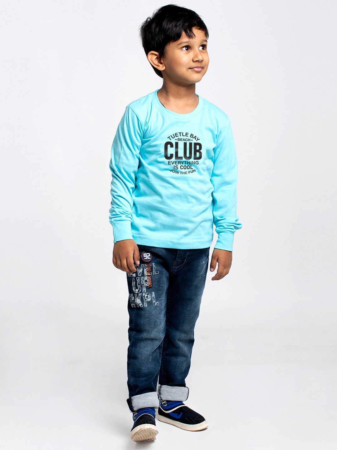 

Friskers Boys Turquoise Blue Typography Printed Applique Slim Fit T-shirt