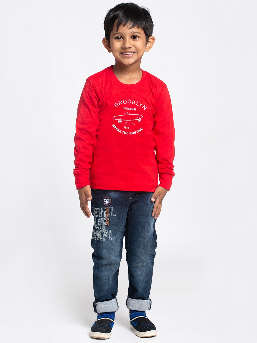 

Friskers Boys Red Printed Raw Edge Slim Fit T-shirt