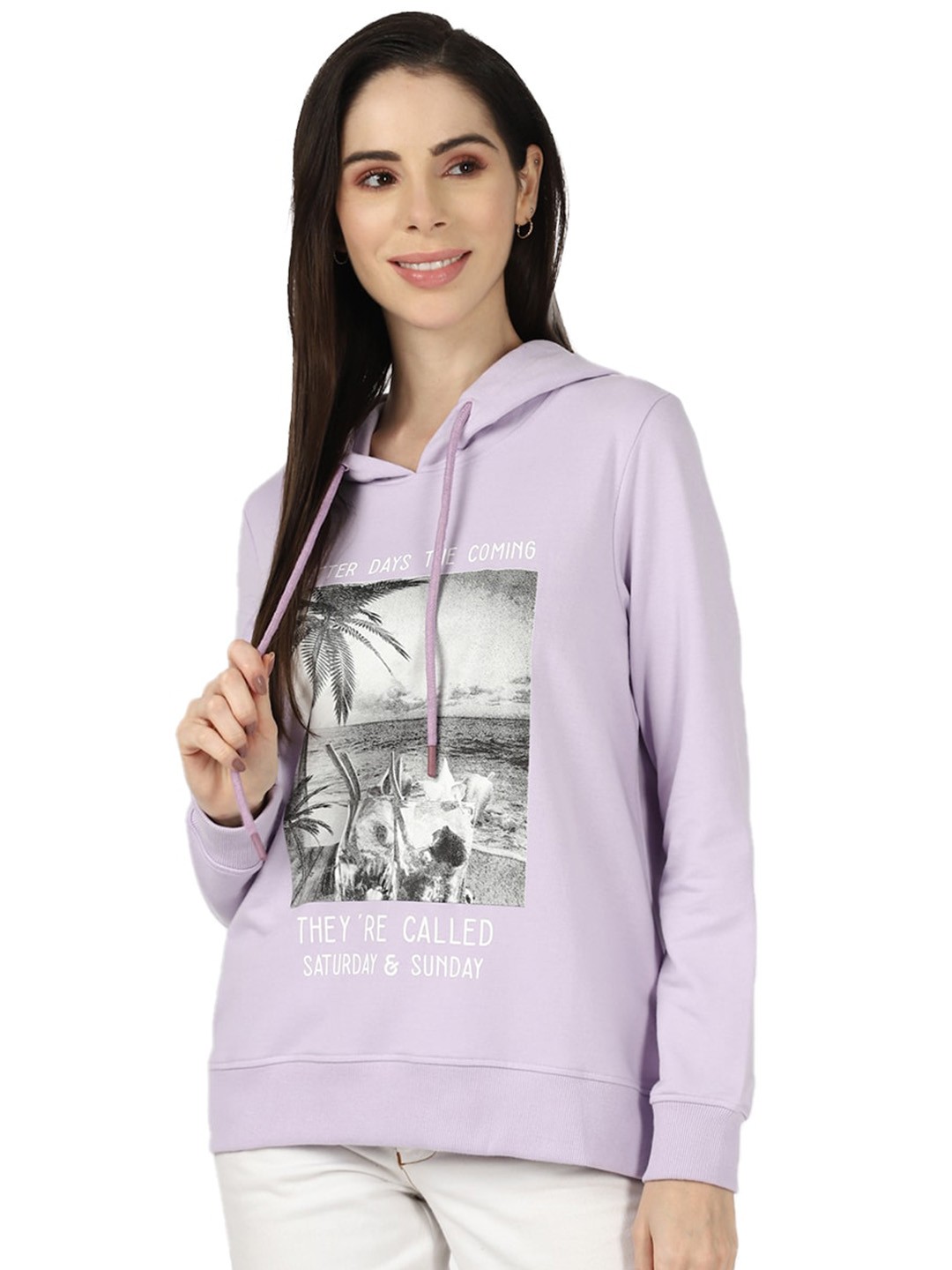 

UrbanMark Women Purple Printed Hooded Sweatshirt