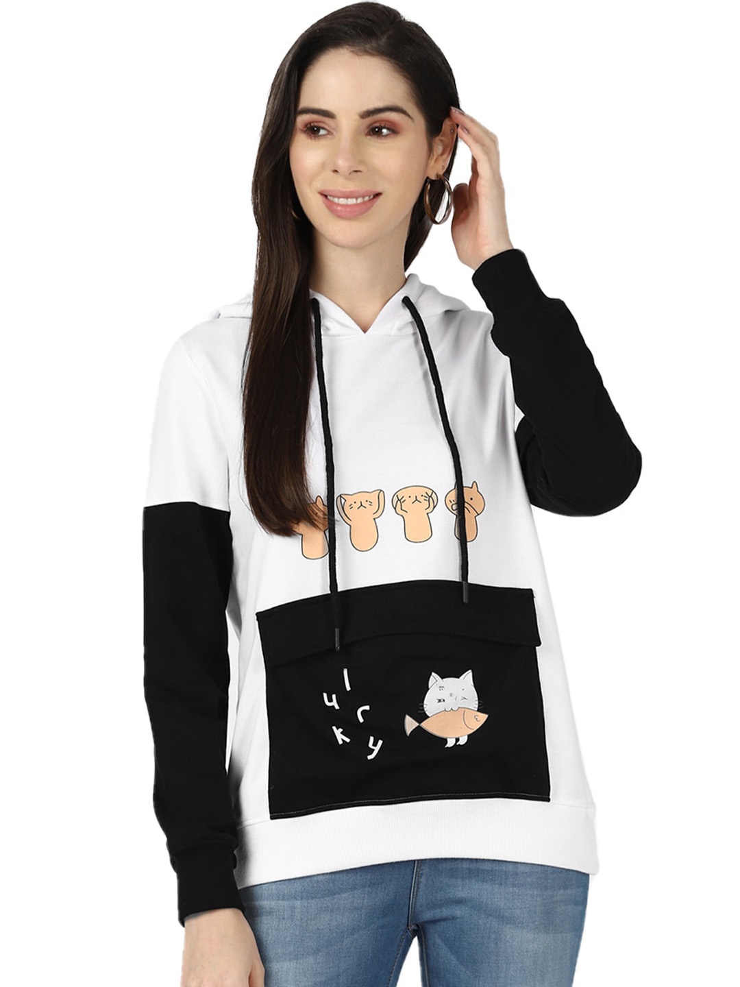 

UrbanMark Women White Printed Hooded Sweatshirt