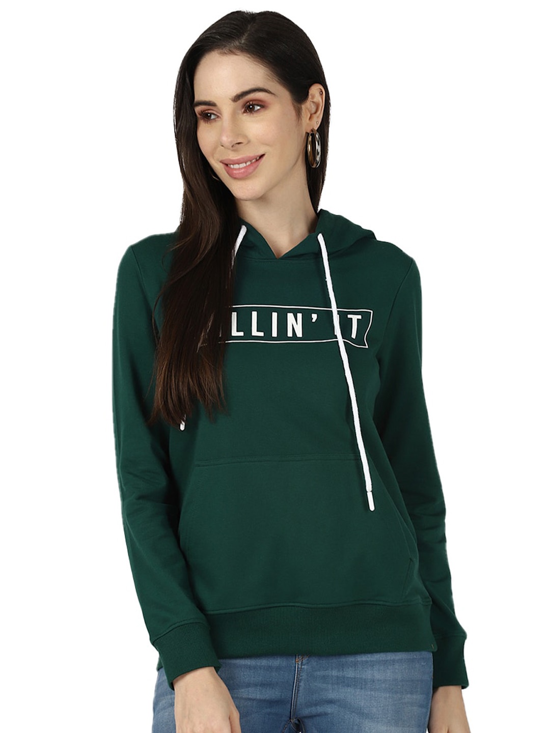 

UrbanMark Women Green Printed Hooded Sweatshirt