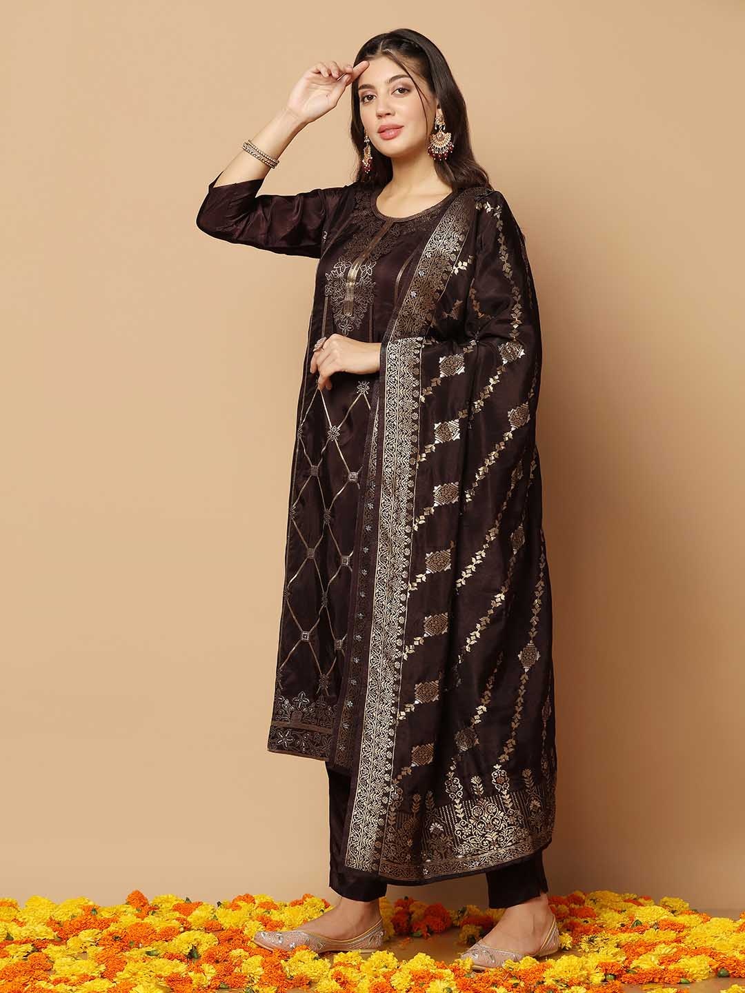 

FASHION DREAM Ethnic Motif Woven Design Jacquard Kurta With Trousers & Dupatta, Brown