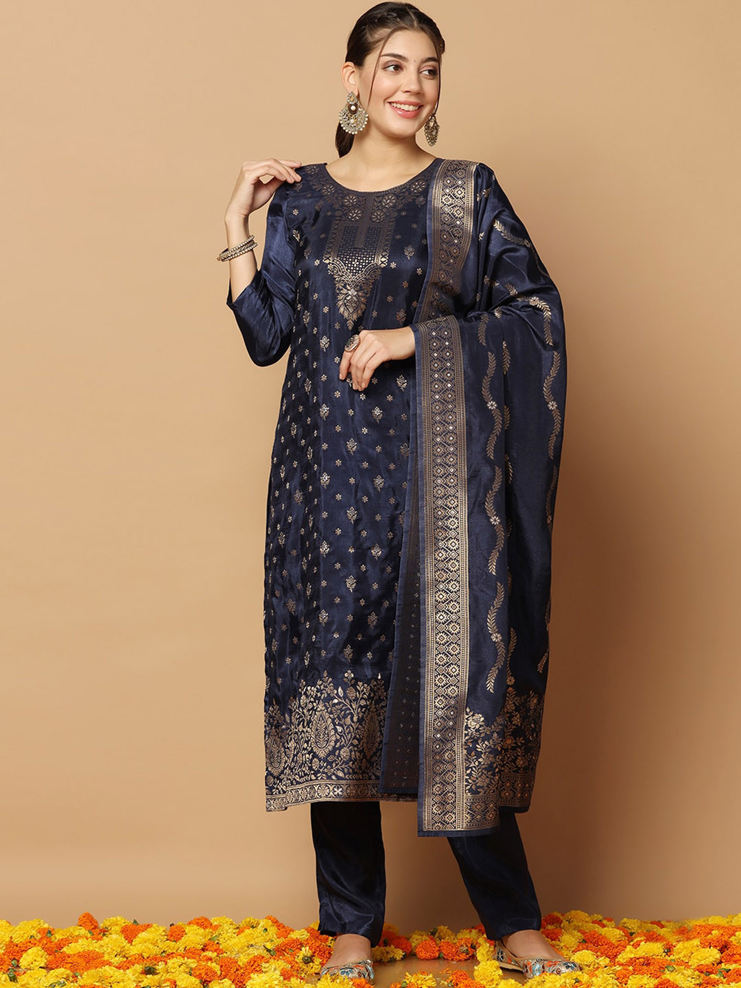 

FASHION DREAM Ethnic Motif Woven Design Jacquard Kurta With Trousers & Dupatta, Navy blue