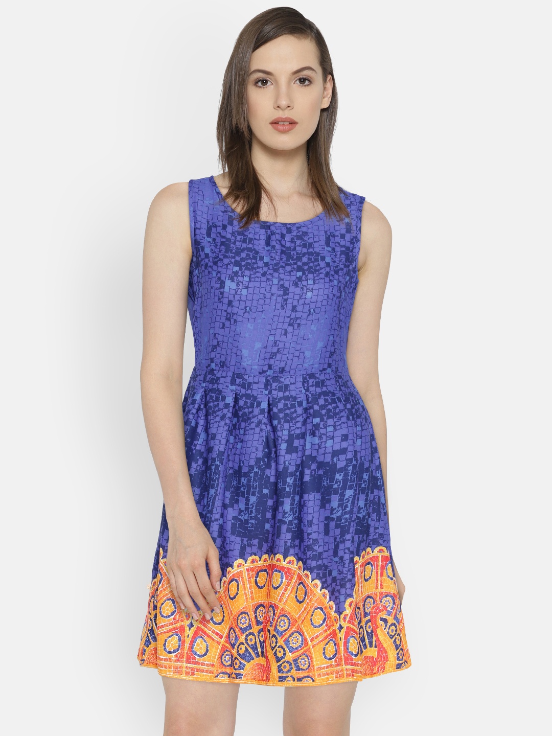 

Bronz Women Blue Printed Fit and Flare Dress