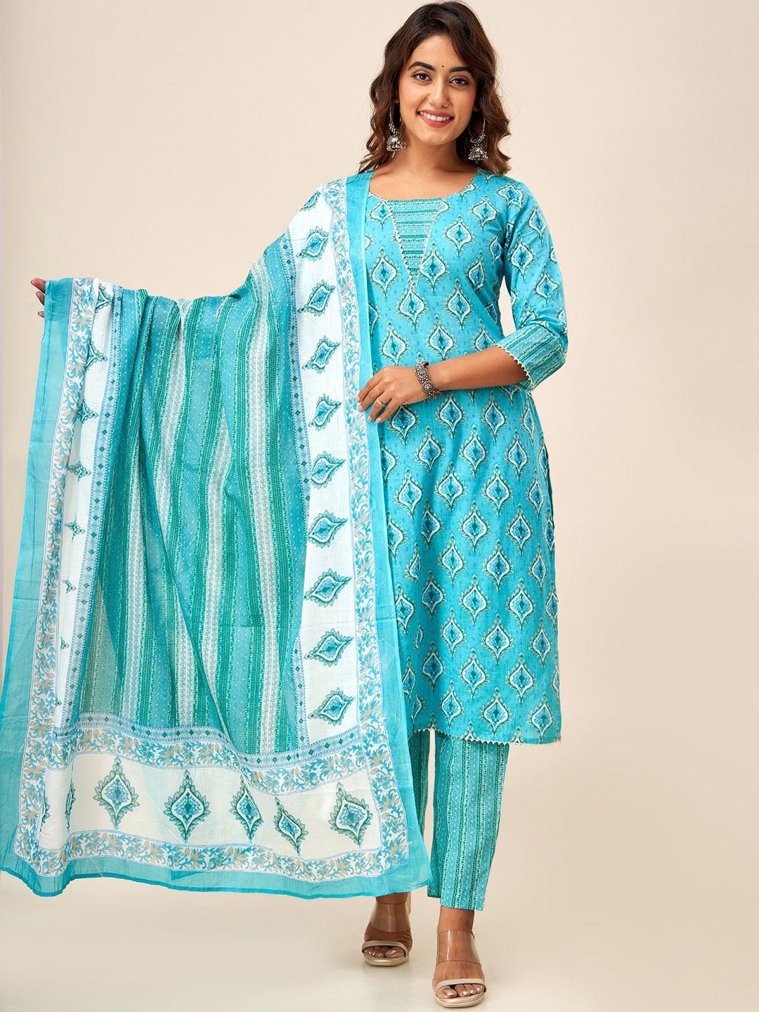 

HERE&NOW Floral Printed Pure Cotton Kurta With Trousers & Dupatta, Turquoise blue