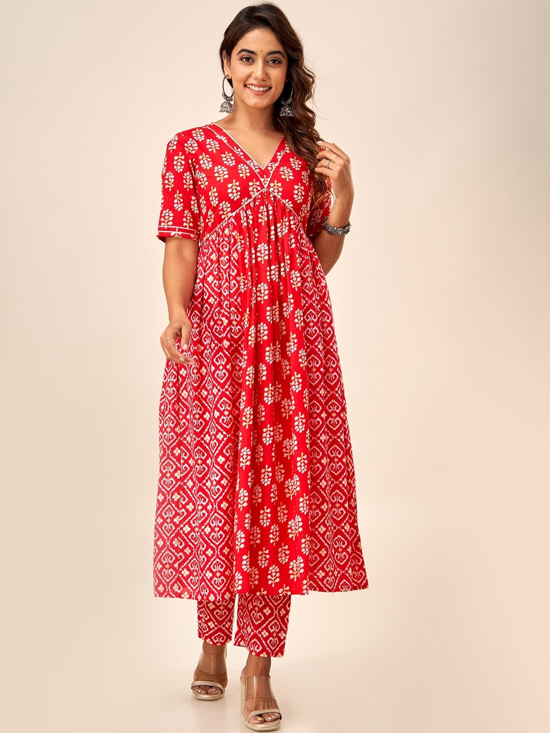 

HERE&NOW Ethnic Motifs Printed Pure Cotton A-Line Kurta With Trousers, Red