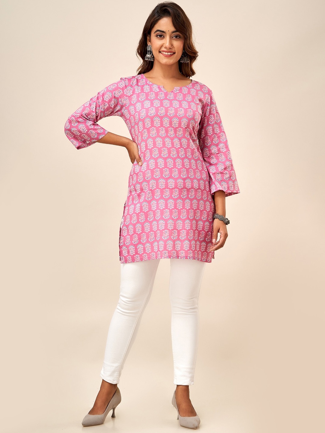 

HERE&NOW Ethnic Motifs Printed Pure Cotton Straight Kurti, Pink