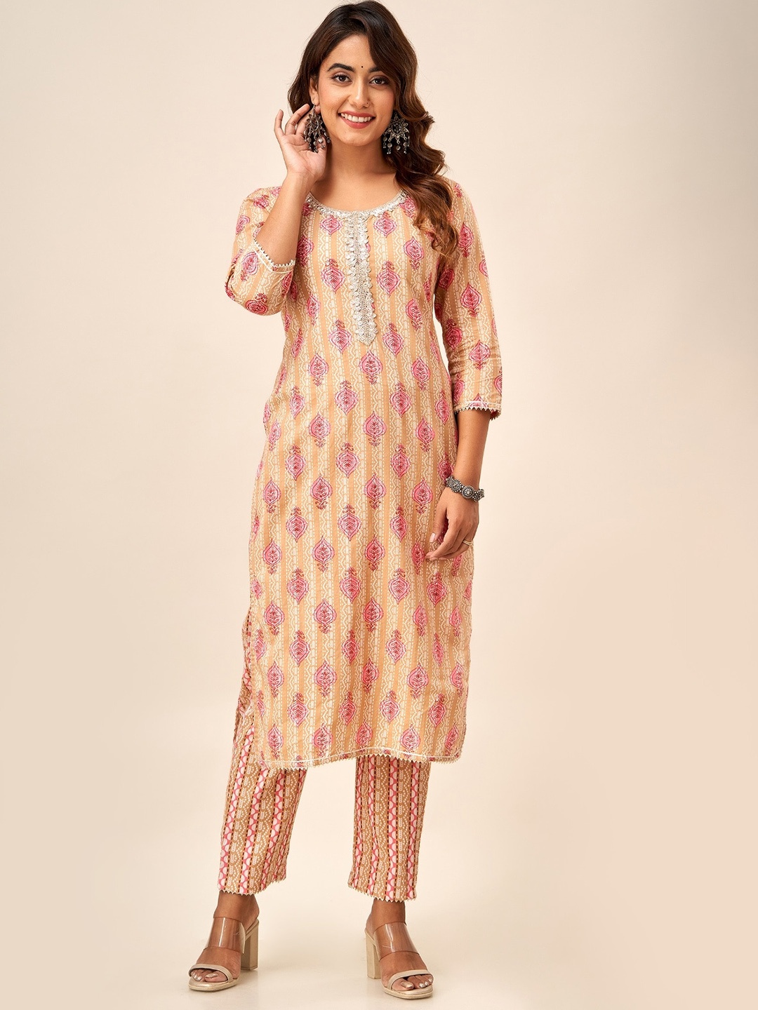 HERE&NOW Ethnic Motifs Printed Straight Kurta, Beige