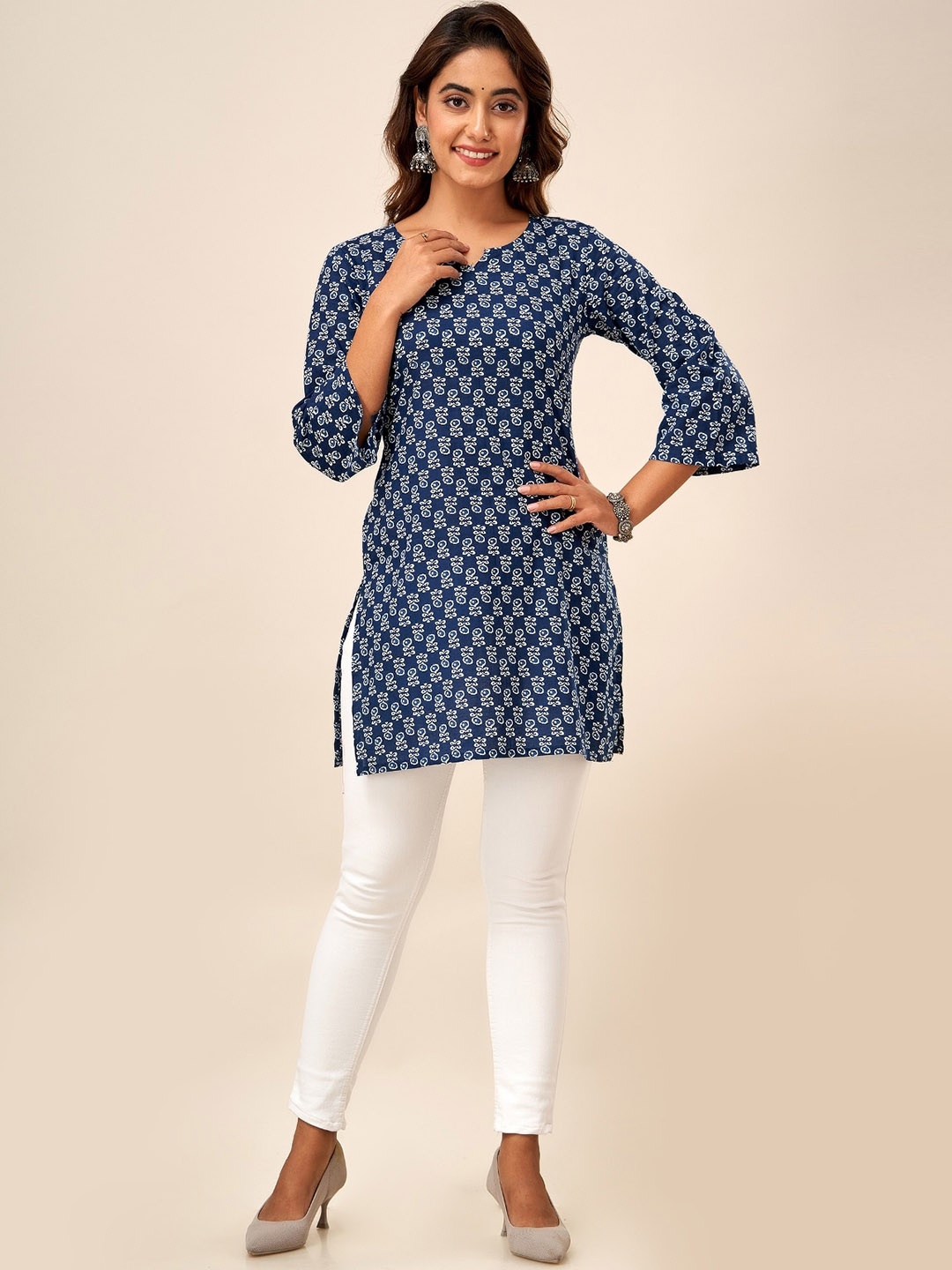 

HERE&NOW Ethnic Motifs Printed Straight Pure Cotton Kurti, Blue