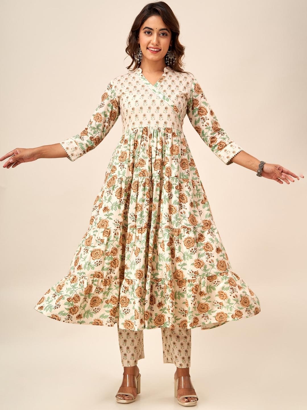 HERE&NOW Floral Printed Pure Cotton Anarkali Kurta, Beige