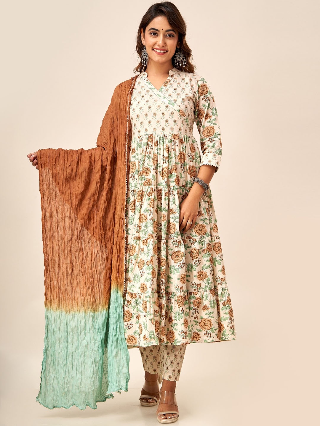

HERE&NOW Beige Floral Printed Gotta Patti Pure Cotton Kurta with Trousers & Dupatta
