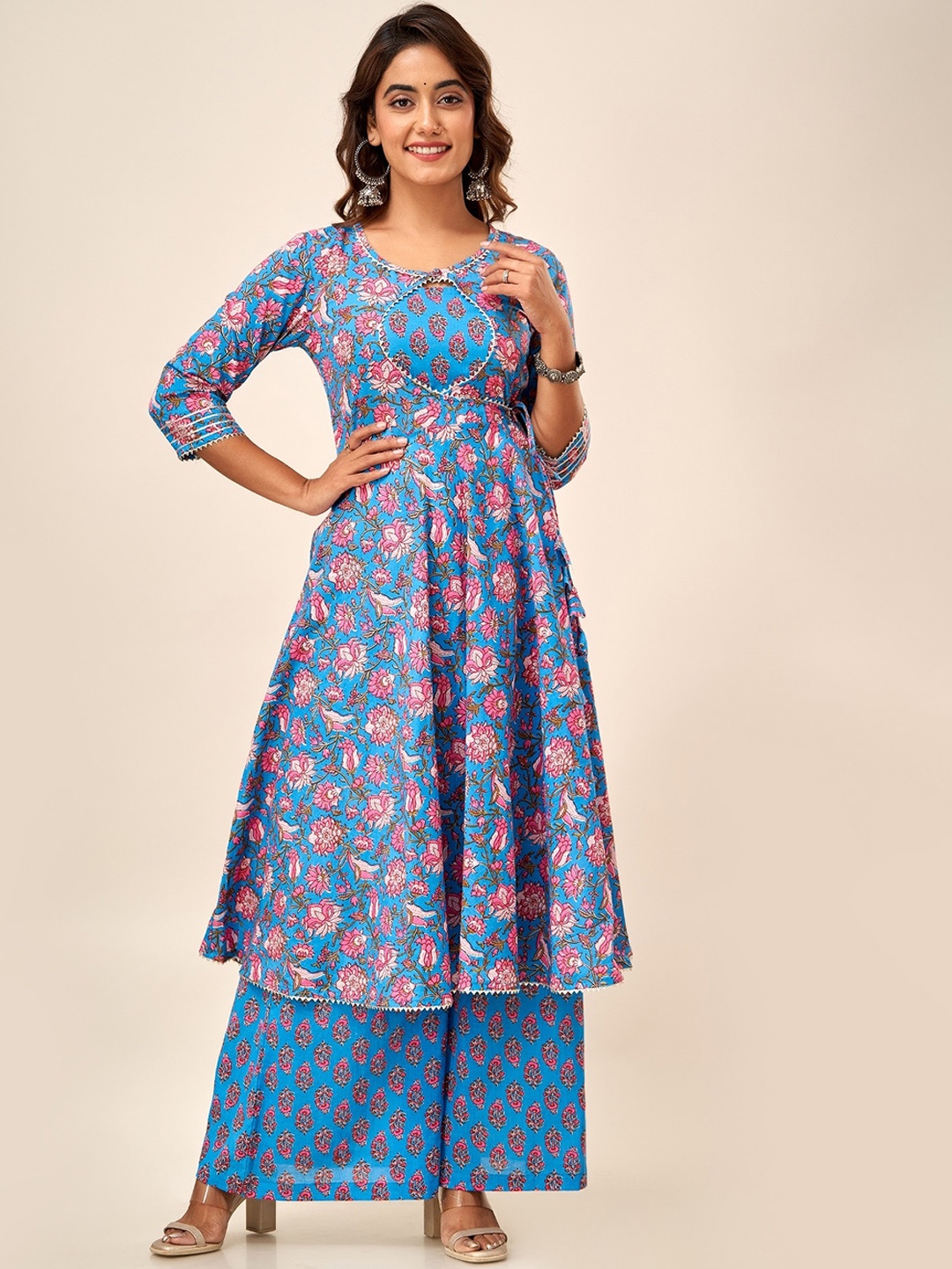 

HERE&NOW Blue Floral Printed Gotta Patti Pure Cotton Anarkali Kurta With Palazzos