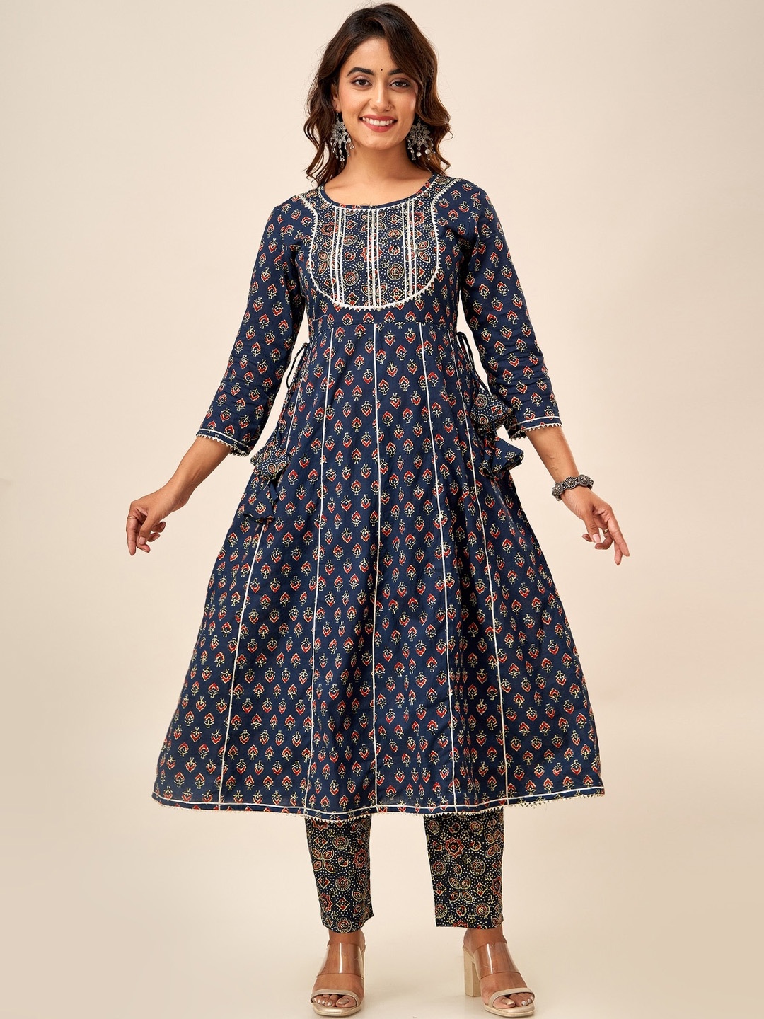 

HERE&NOW Ethnic Motifs Printed Anarkali Pure Cotton Kurta, Blue