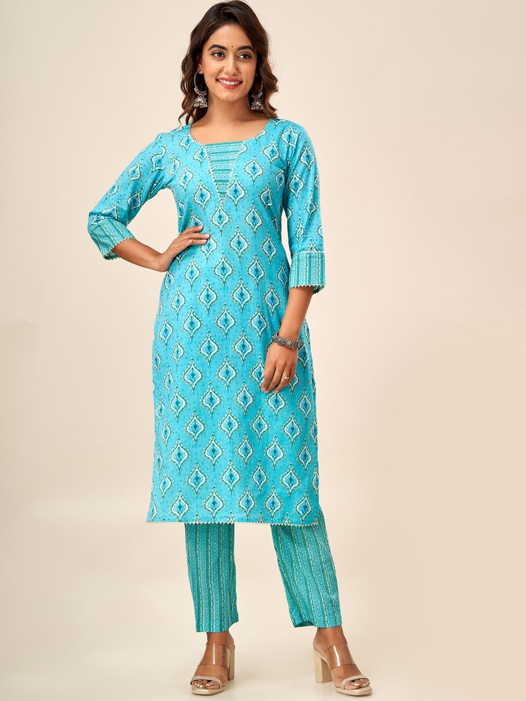 

HERE&NOW Ethnic Motifs Printed Gotta Patti Pure Cotton Straight Kurta, Turquoise blue