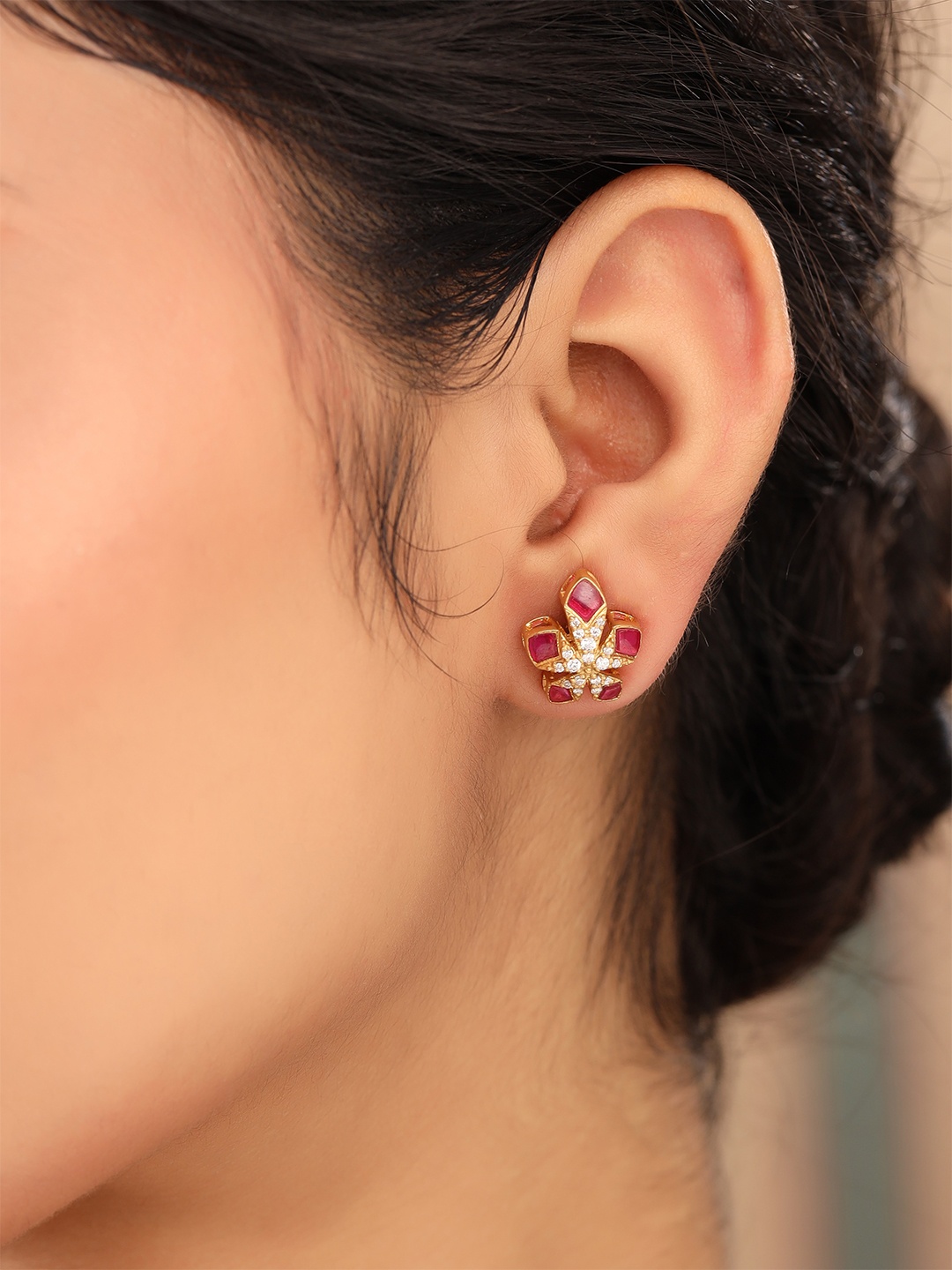 

Kicky And Perky 925 Sterling Silver Moissanite & Pink Talphe Studded Stud Earrings, Gold