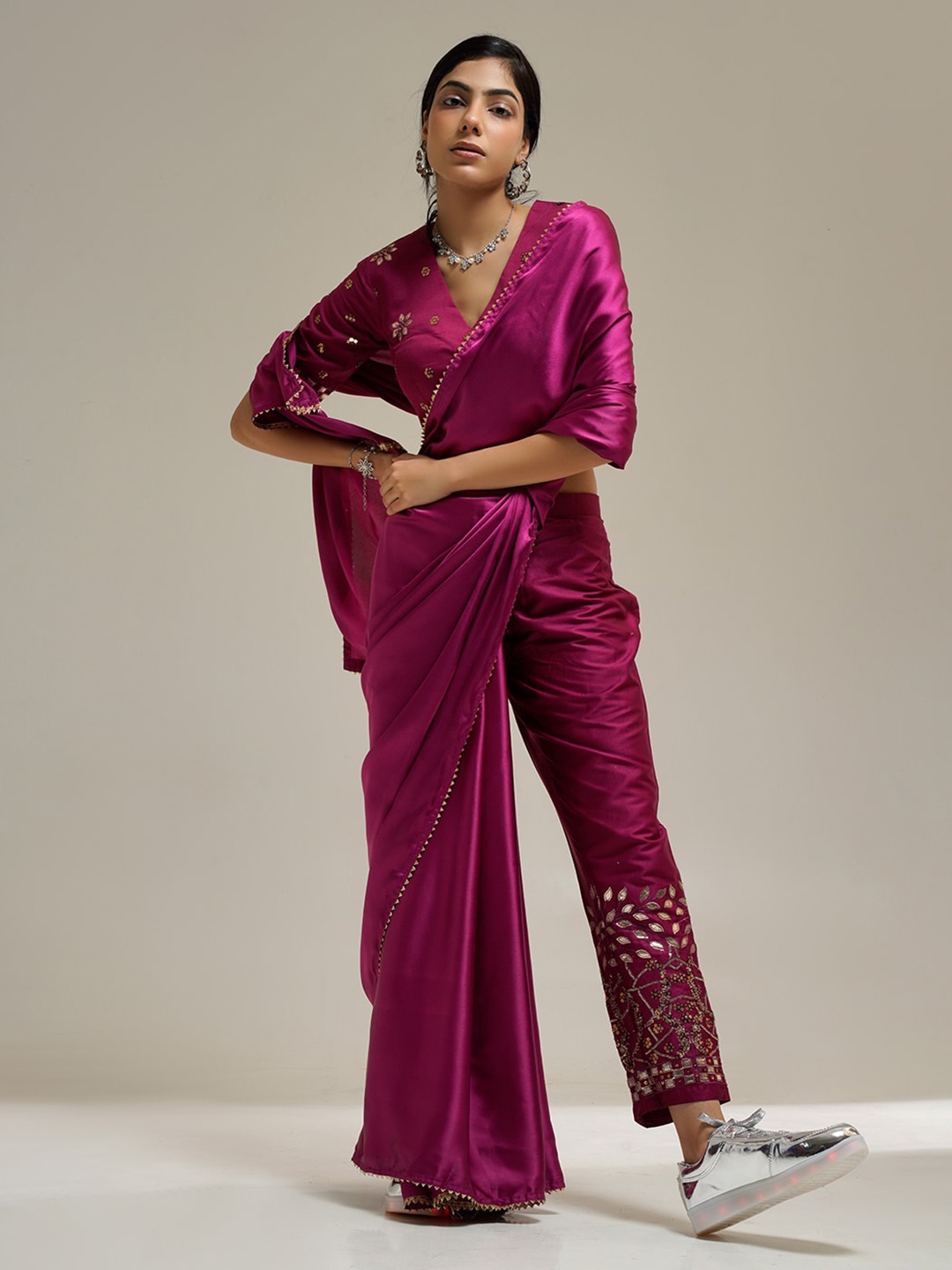 

Tikhi Imli Gotta Patti Satin Stitched Pant Saree, Magenta