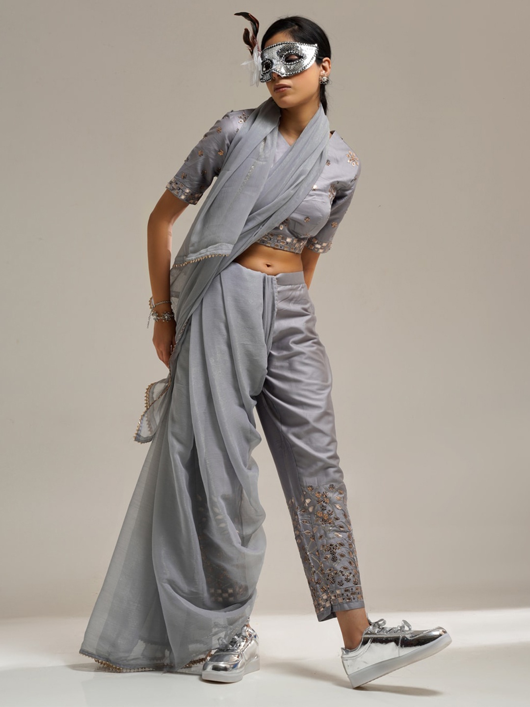 

Tikhi Imli Embroidered Pant Saree With Stitched Blouse, Grey