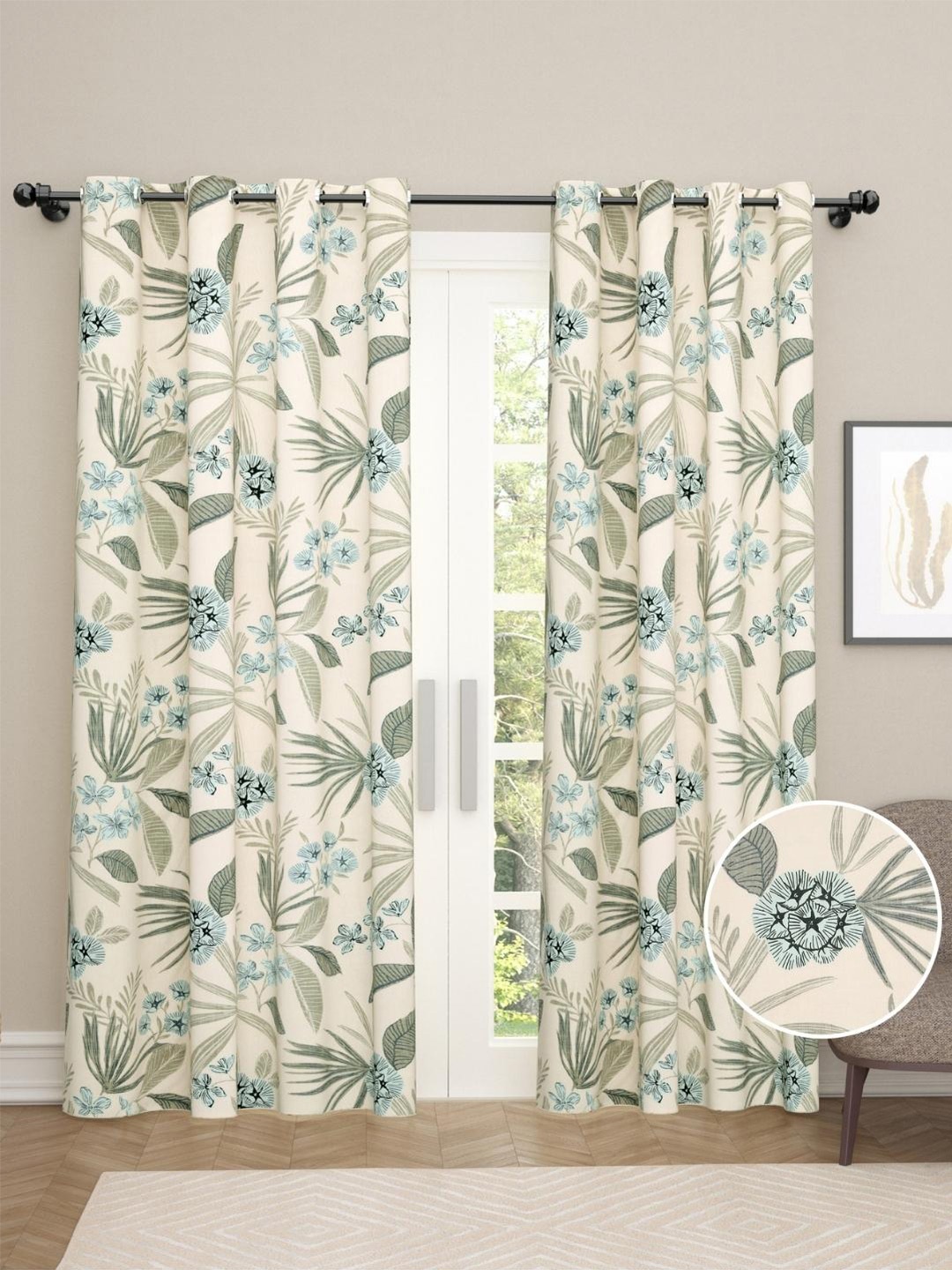 

haus & kinder Blue & White Set of 2 Floral Room Darkening Door Curtain