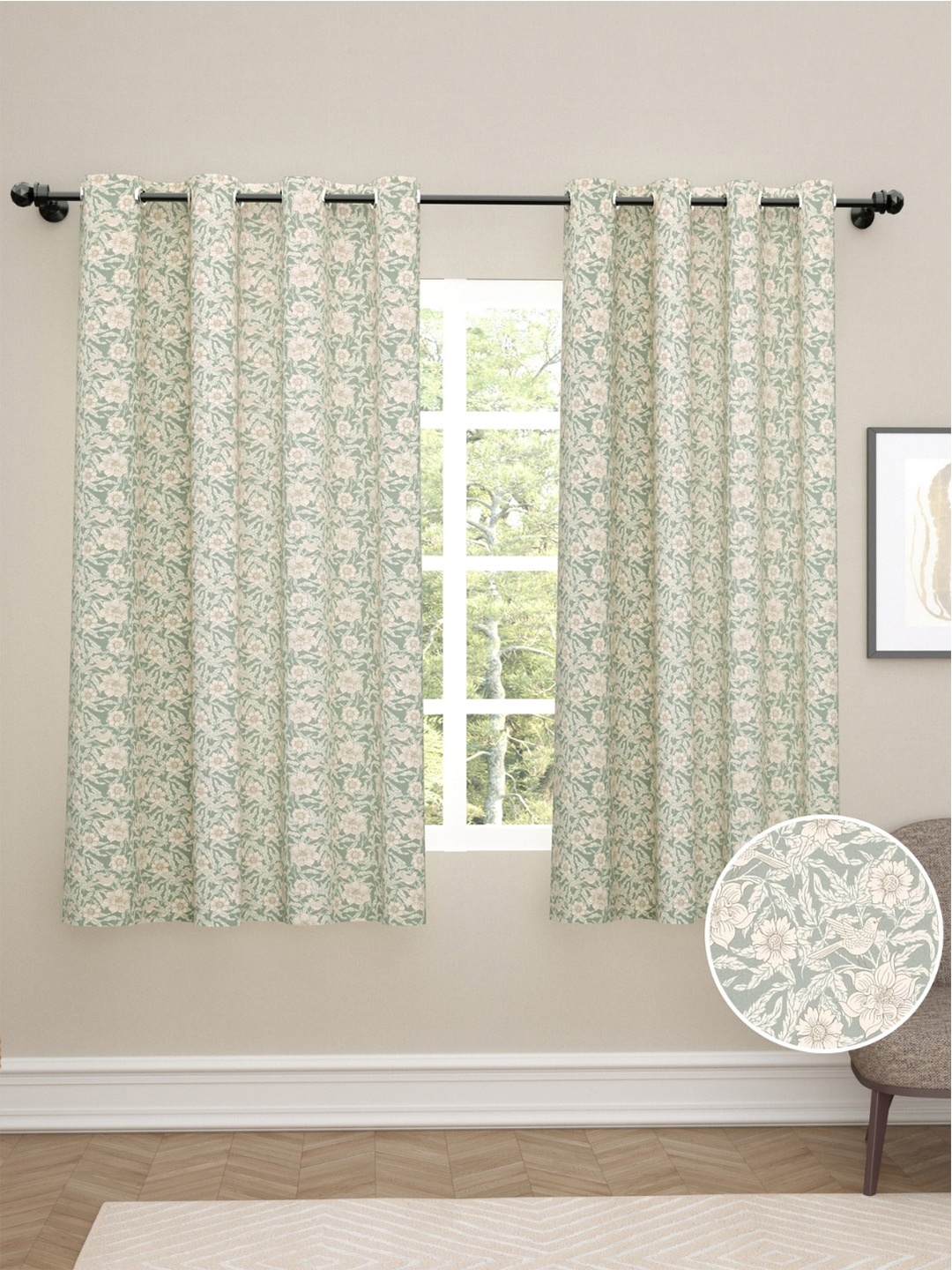 

haus & kinder Green & Off White Set of 2 Floral Room Darkening Window Curtain