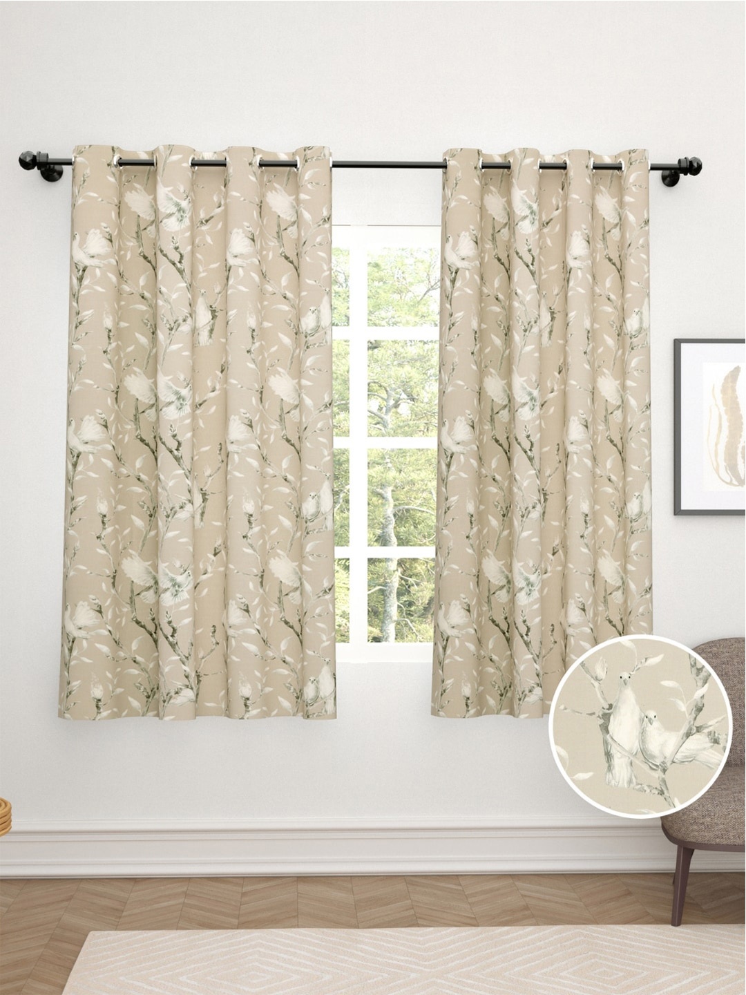 

haus & kinder Beige & Green Set of 2 Floral Room Darkening Window Curtain