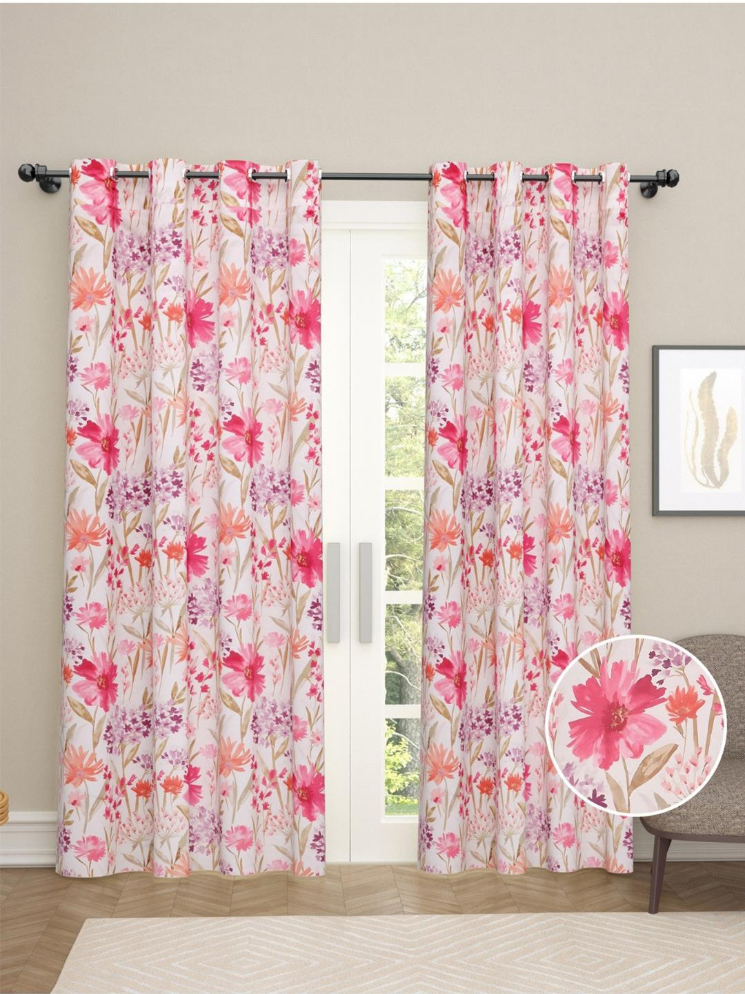 

haus & kinder Beige & Pink Set of 2 Floral Room Darkening Door Curtain