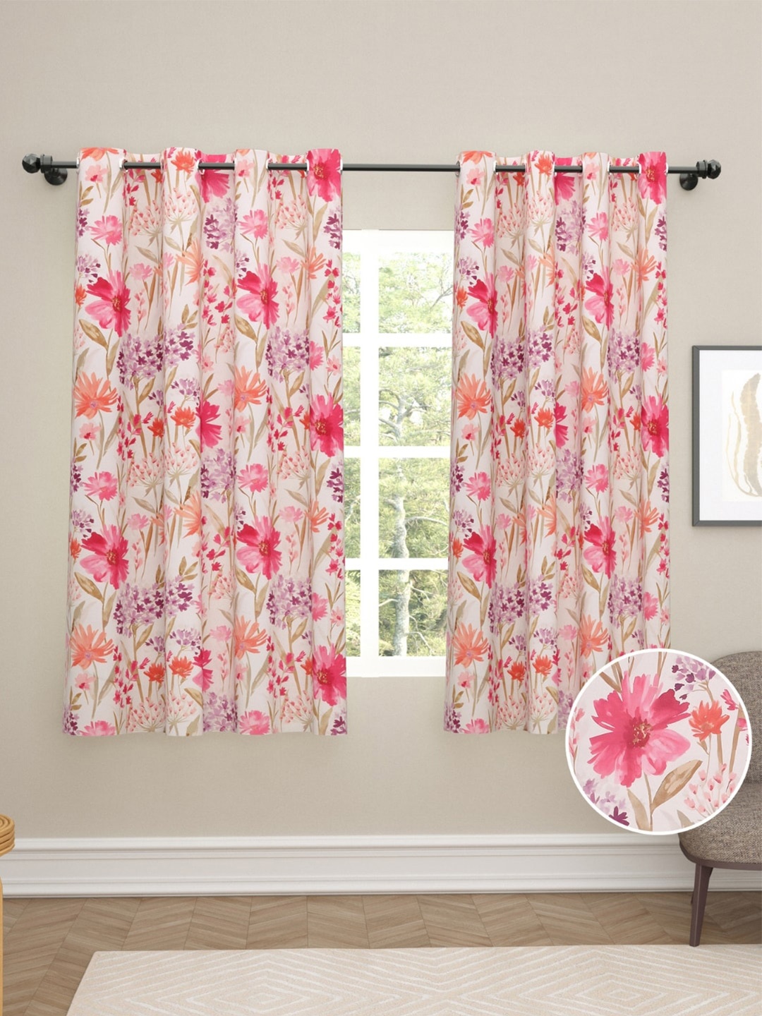 

haus & kinder Beige & Pink Set of 2 Floral Room Darkening Window Curtain