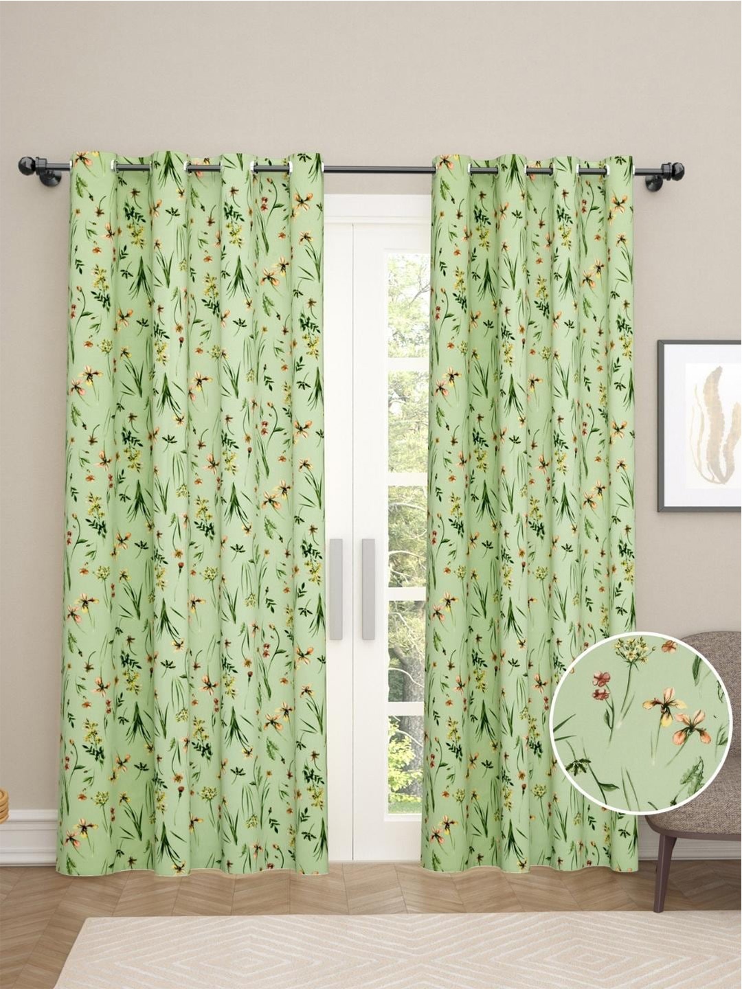 

haus & kinder Green & Red Set of 2 Floral Room Darkening Door Curtain