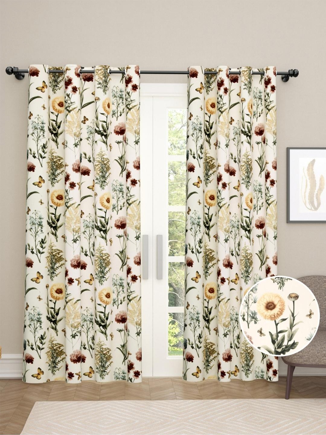 

haus & kinder White & Green Set of 2 Floral Room Darkening Door Curtain