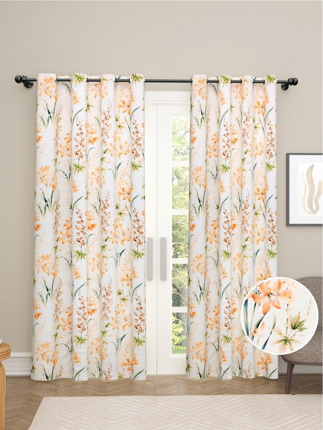 

haus & kinder Orange & White Set of 2 Floral Room Darkening Door Curtain