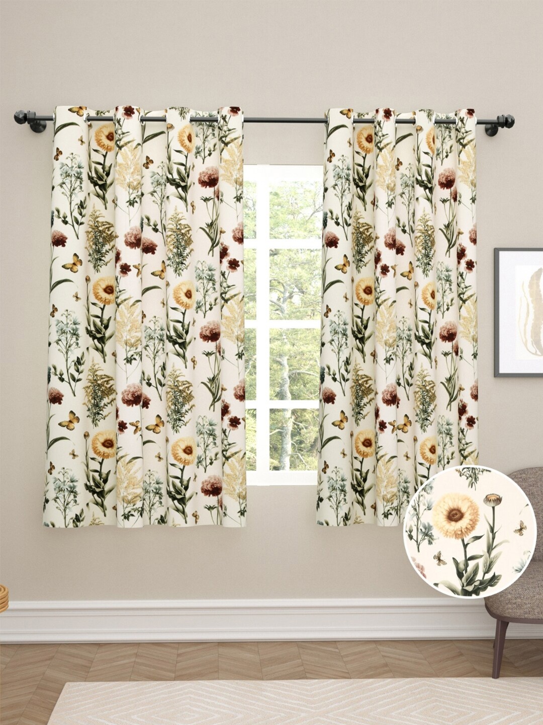 

haus & kinder Off White & Green Set of 2 Floral Room Darkening Window Curtain