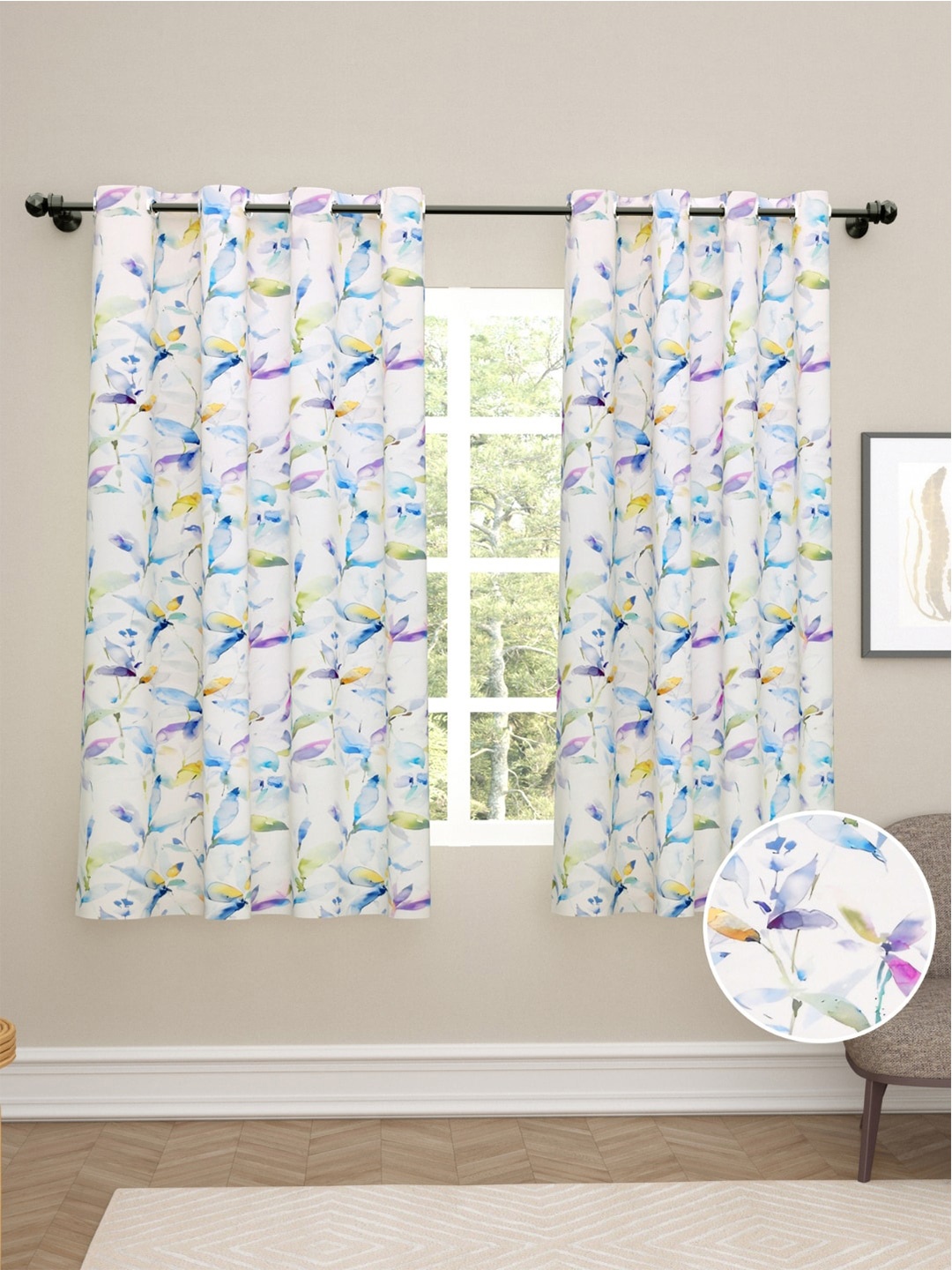 

haus & kinder Purple & White Set of 2 Floral Room Darkening Window Curtain