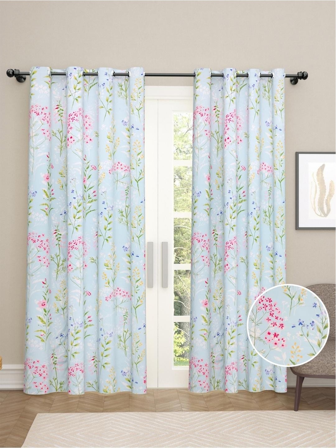 

haus & kinder Blue & Pink Set of 2 Floral Room Darkening Long Door Curtain