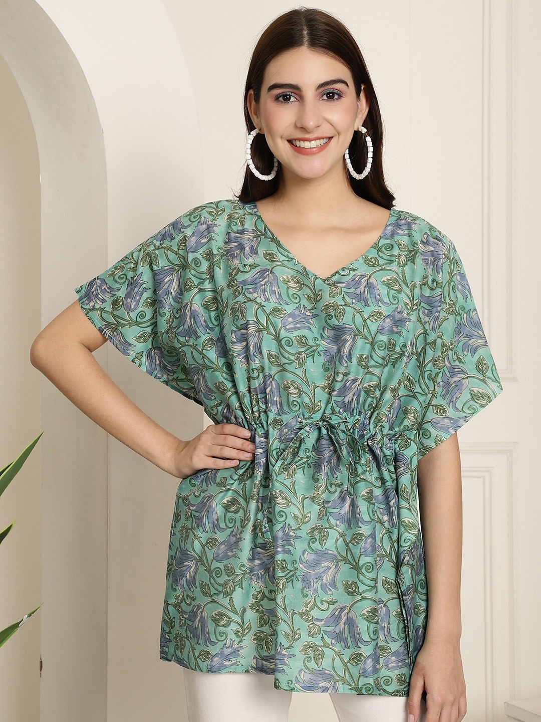 

Aawari Lime Green Floral Print Extended Sleeves Pure Silk Cinched Waist Top