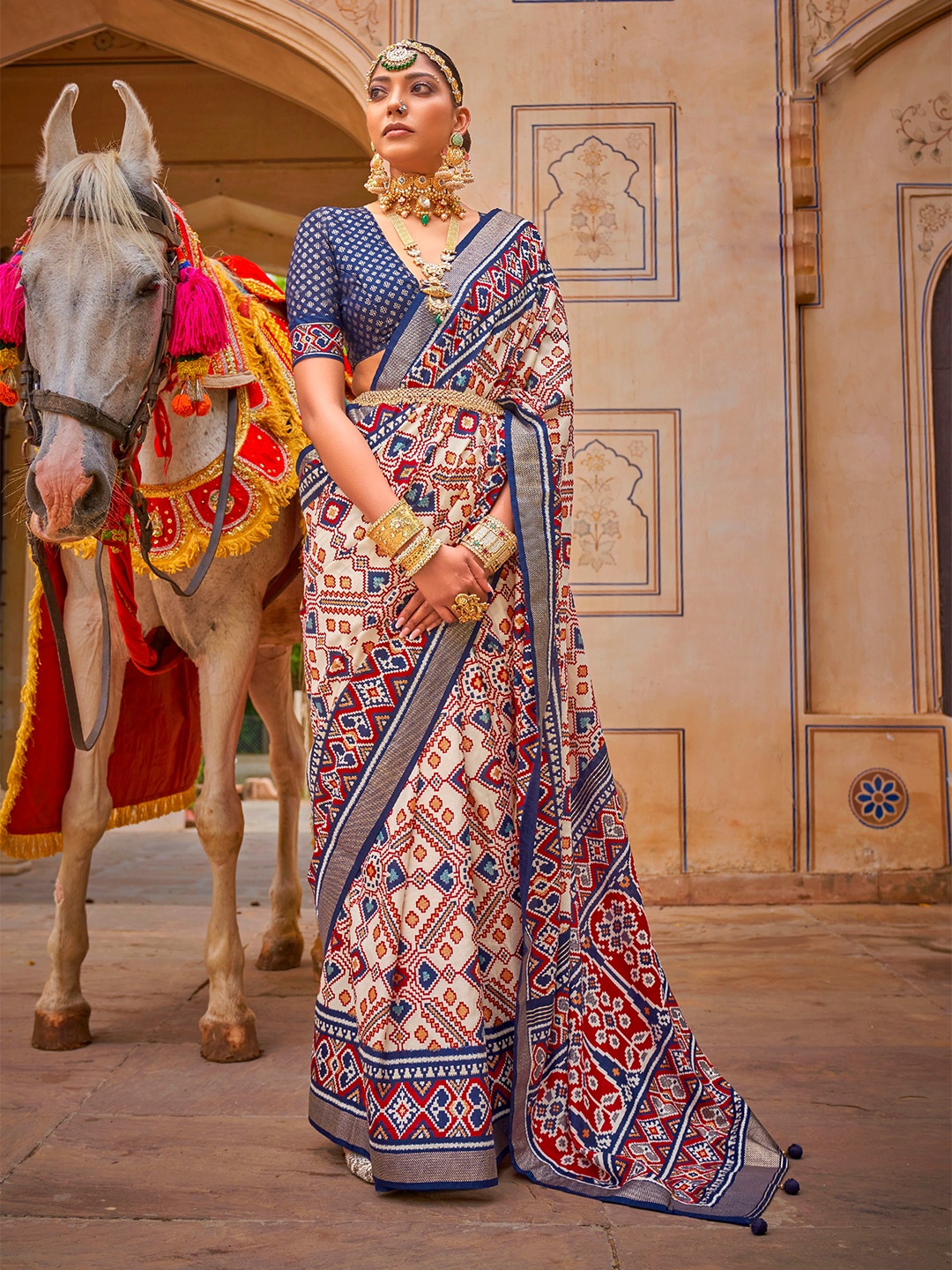 

Mitera Cream-Coloured & Blue Checked Silk Blend Patola Saree