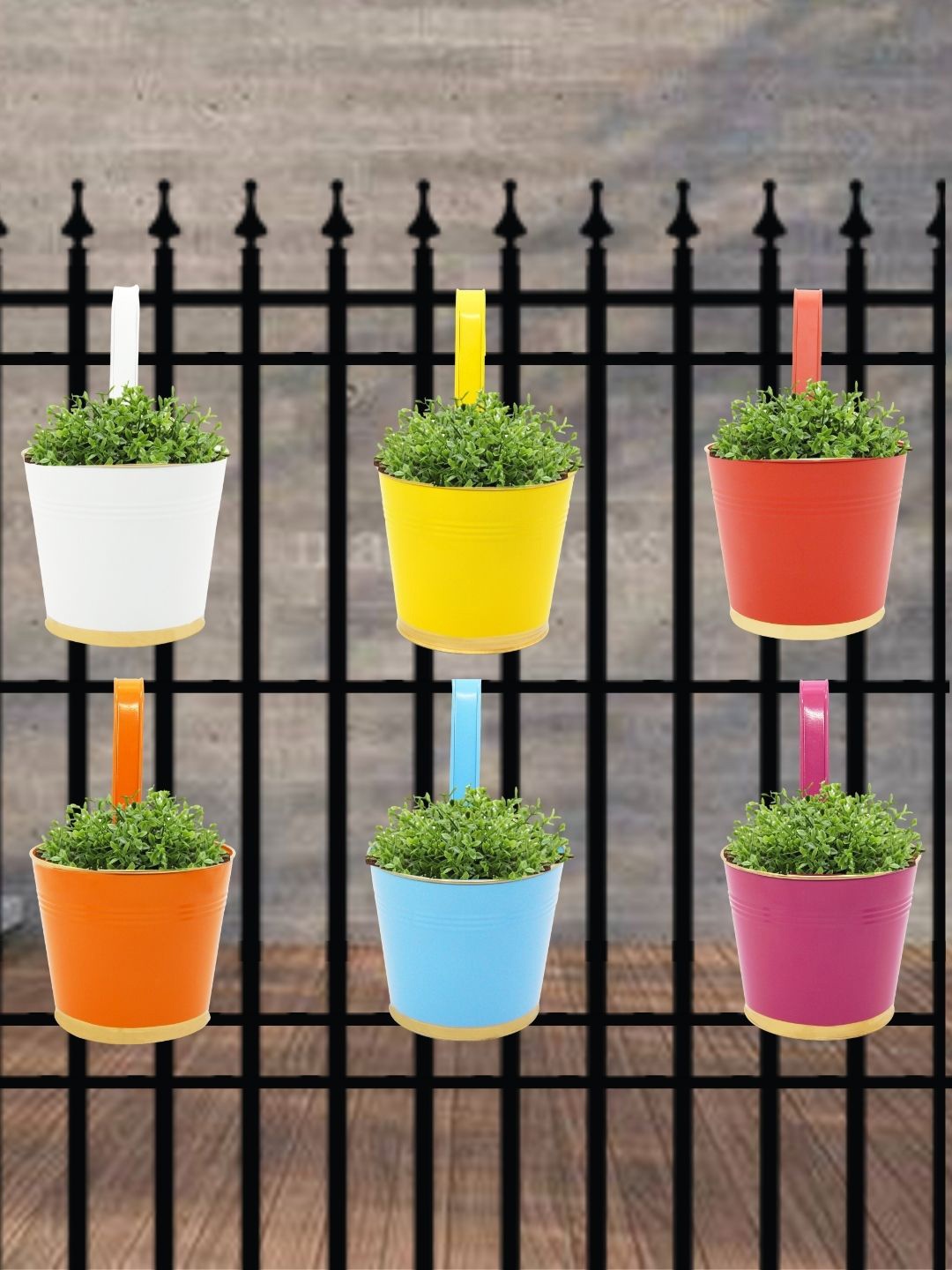 

ecofynd White & Yellow 6 Pieces Balcony Hanging Metal Planters