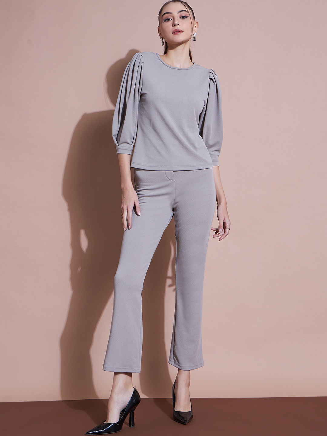

DressBerry Puff Sleeves Top With Trousers Co-Ords, Grey
