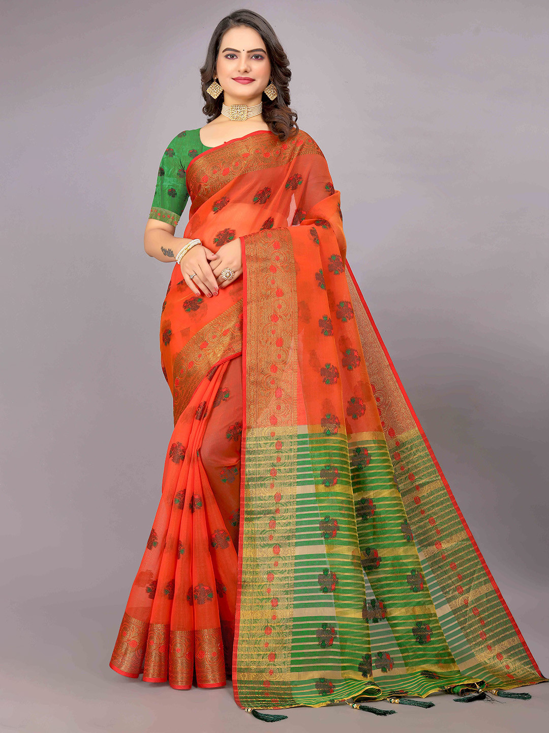 

Mitera Orange & Green Floral Woven Design Zari Saree